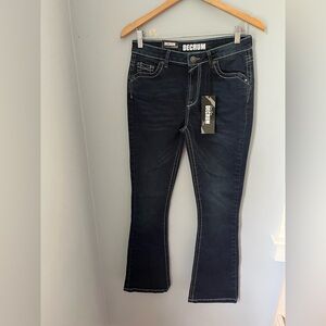 DECRUM, WOMENS JEANS DARK BLUE MID RISE DENIM FLARE LEG EMBROIDERED‎ BACK POCKET